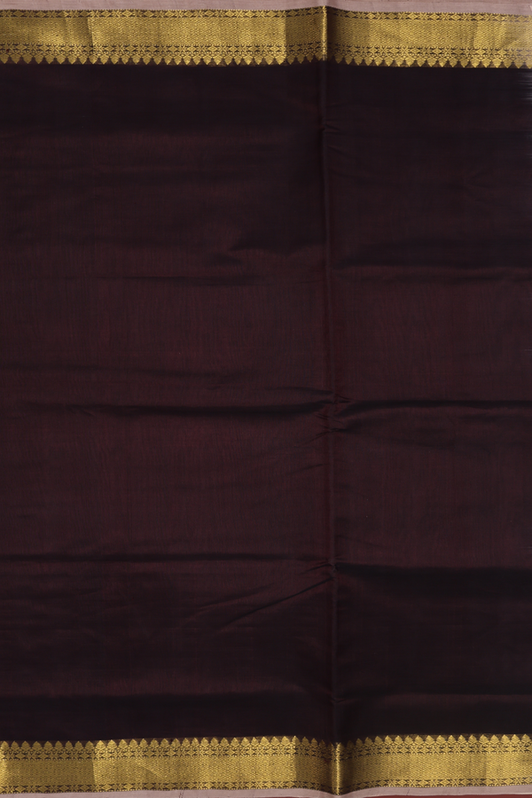 Silk Cotton Saree In Dark Oak Brown With Zari Border