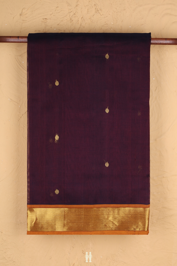 Silk Cotton Saree In Dark Oak Brown With Zari Buttas