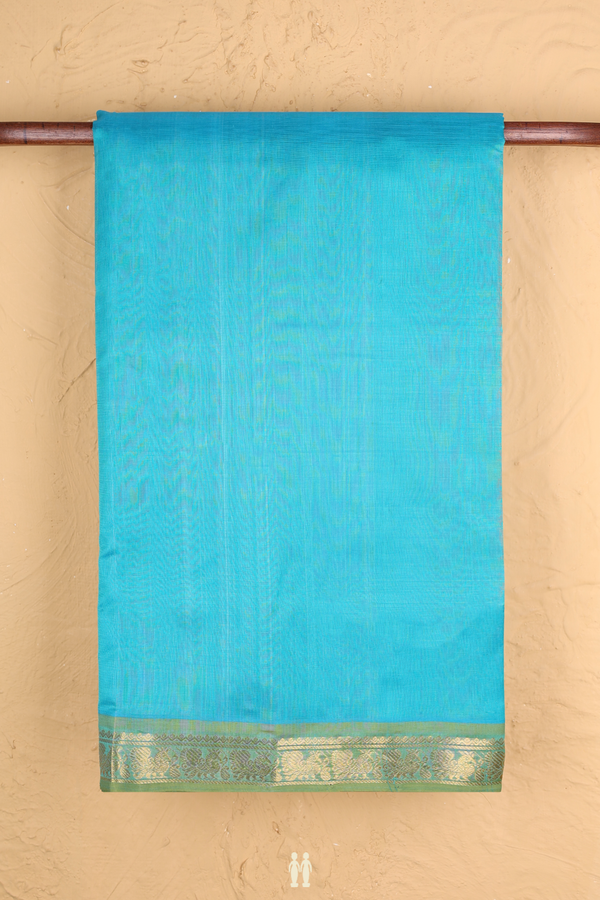 Silk Cotton Saree In Deep Sky Blue With Peacock Border