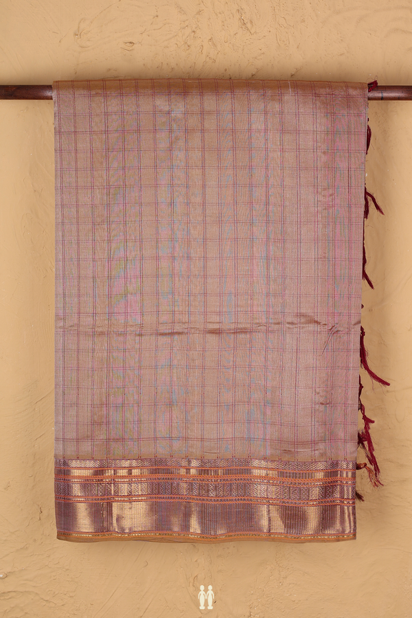 Silk Cotton Saree In Dusty Brown With Checks Design
