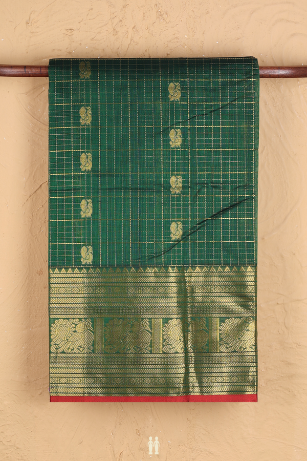 Silk Cotton Saree In Emerald Green With Checks Design