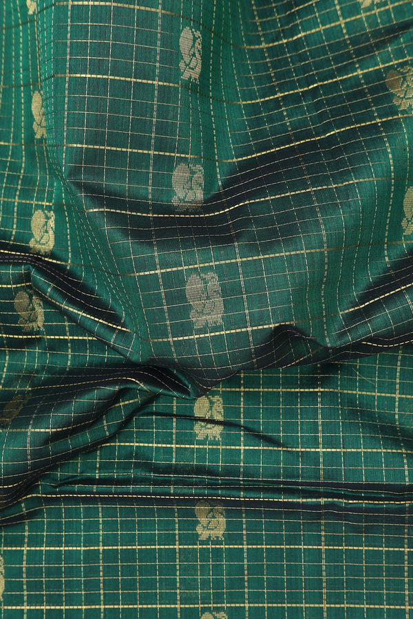 Silk Cotton Saree In Emerald Green With Checks Design