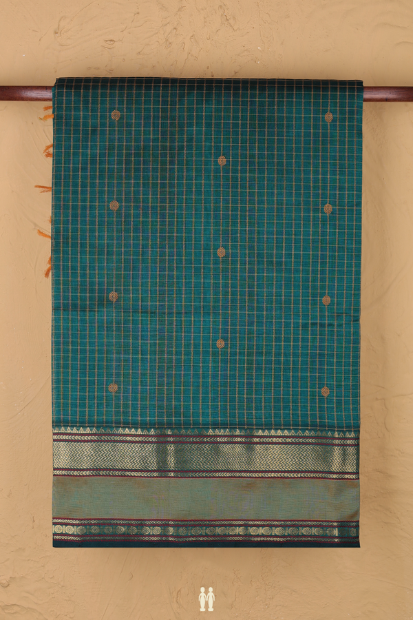 Silk Cotton Saree In Forest Green With Checks Design
