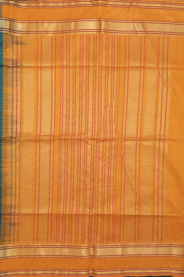 Silk Cotton Saree In Forest Green With Checks Design