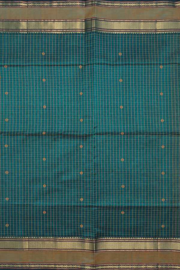 Silk Cotton Saree In Forest Green With Checks Design