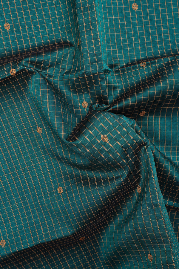 Silk Cotton Saree In Forest Green With Checks Design