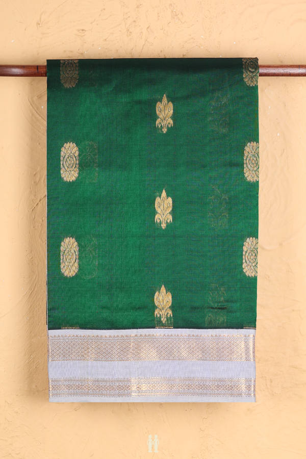 Traditional Silk Cotton Saree In Green With Floral Buttas