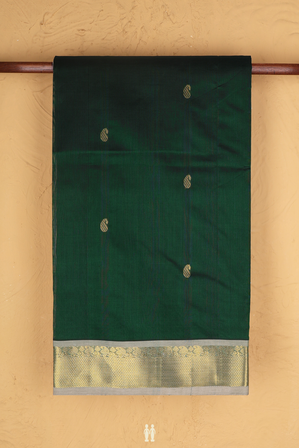 Silk Cotton Saree In Forest Green With Paisley Buttas