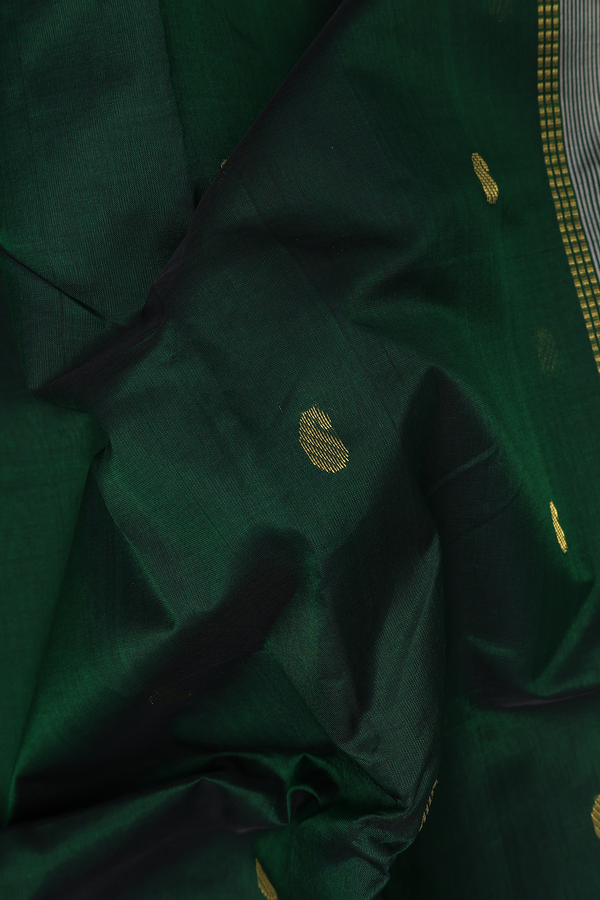Silk Cotton Saree In Forest Green With Paisley Buttas