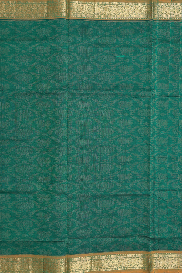 Silk Cotton Saree In Forest Green With Peacock Design