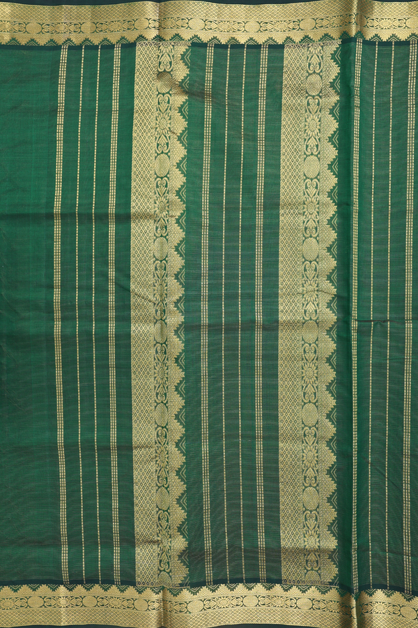 Silk Cotton Saree In Forest Green With Stripes Design