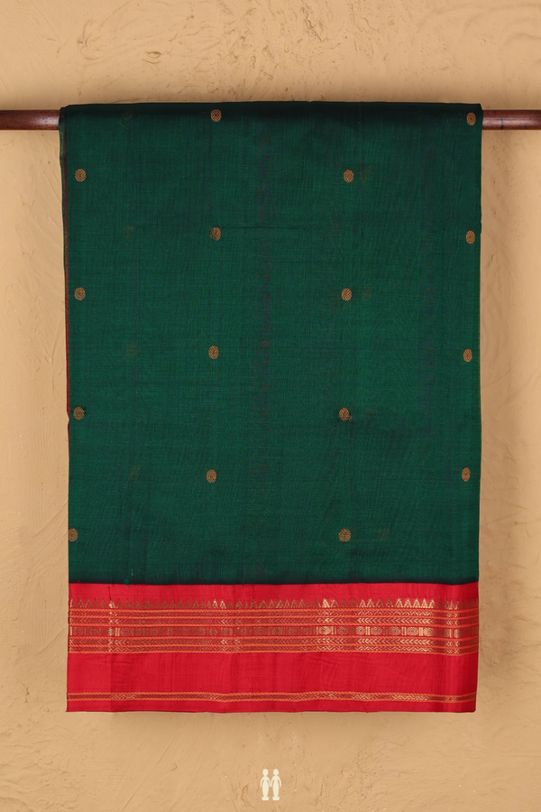 Silk Cotton Saree In Forest Green With Threadwork Buttas