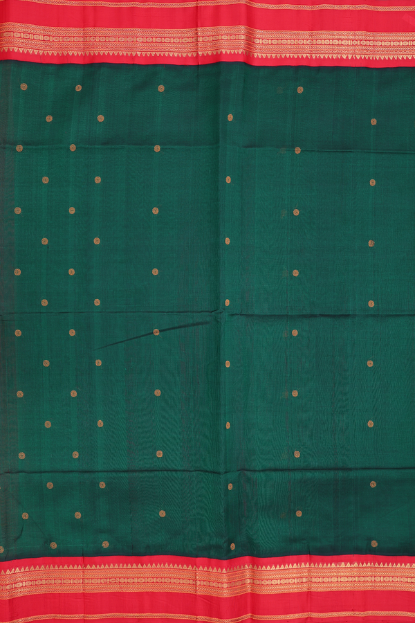 Silk Cotton Saree In Forest Green With Threadwork Buttas