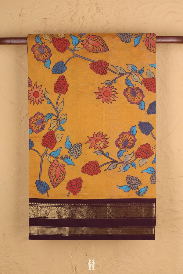Silk Cotton Saree In Golden Yellow With Printed Design
