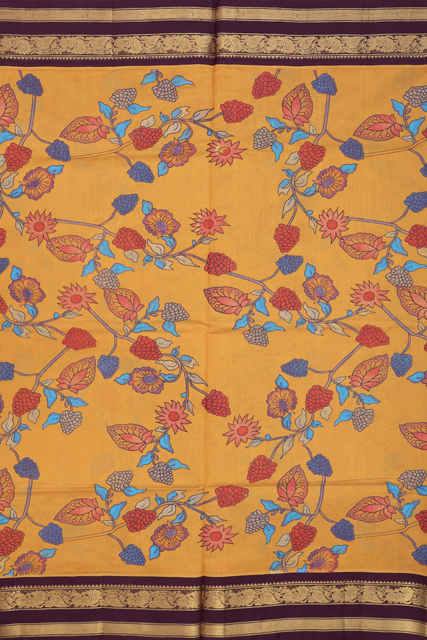 Silk Cotton Saree In Golden Yellow With Printed Design
