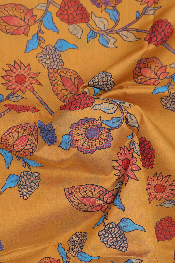 Silk Cotton Saree In Golden Yellow With Printed Design