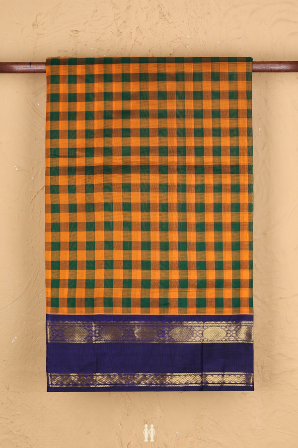 Silk Cotton Saree In Green And Orange With Checks Design