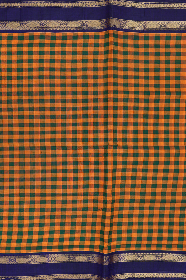 Silk Cotton Saree In Green And Orange With Checks Design