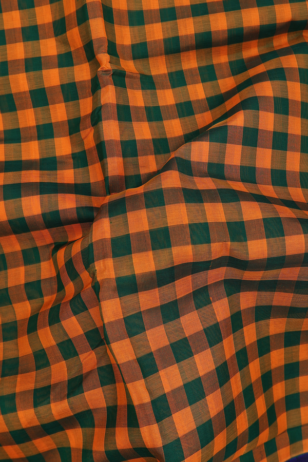 Silk Cotton Saree In Green And Orange With Checks Design
