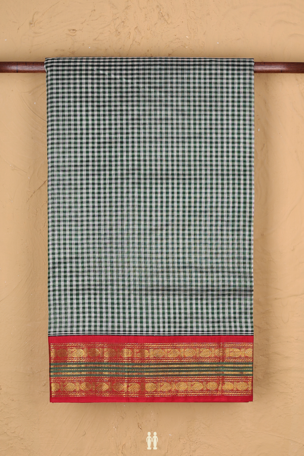 Silk Cotton Saree In Green And White With Checks Design