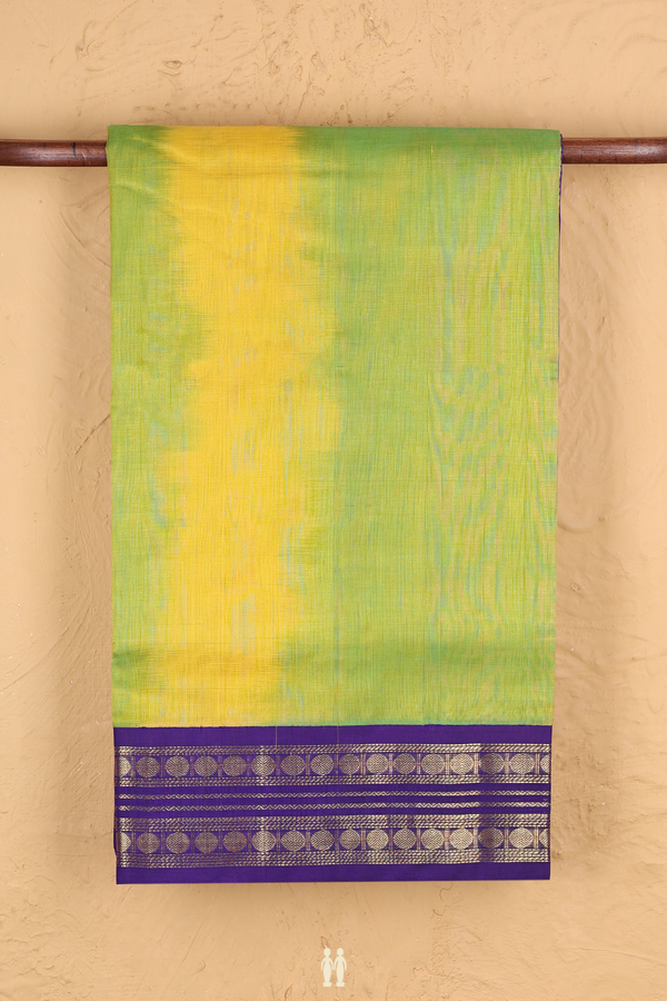 Silk Cotton Saree In Green And Yellow With Rudraksh Border