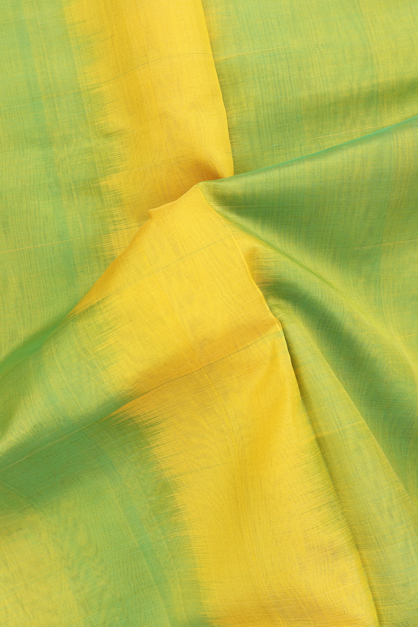 Silk Cotton Saree In Green And Yellow With Rudraksh Border