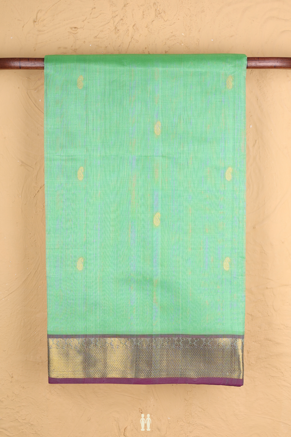 Silk Cotton Saree In Green With Paisley Buttas