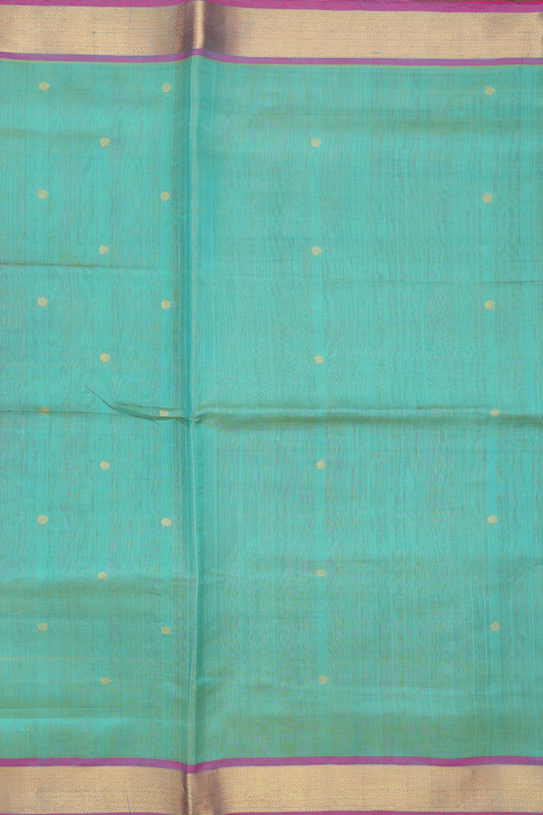 Silk Cotton Saree In Green With Zari Buttas