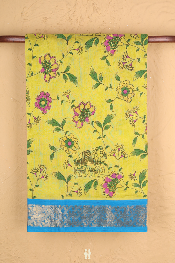Silk Cotton Saree In Lemon Yellow With Floral Design