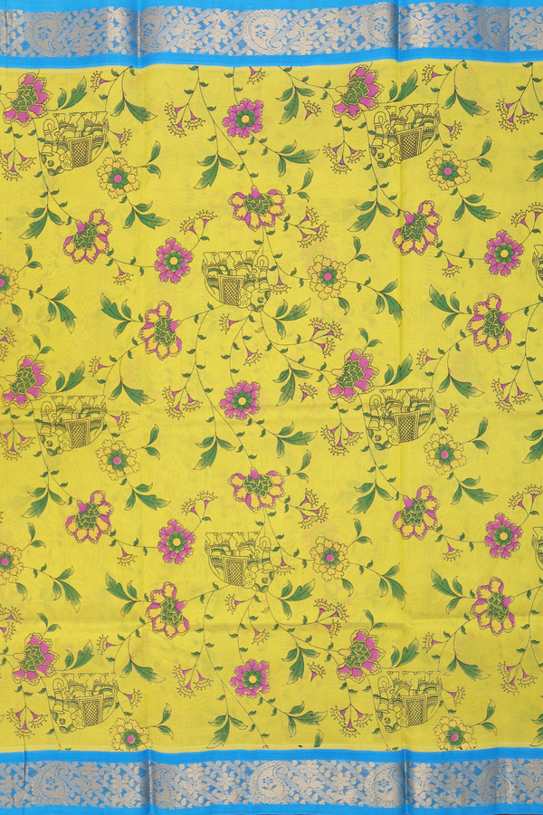 Silk Cotton Saree In Lemon Yellow With Floral Design