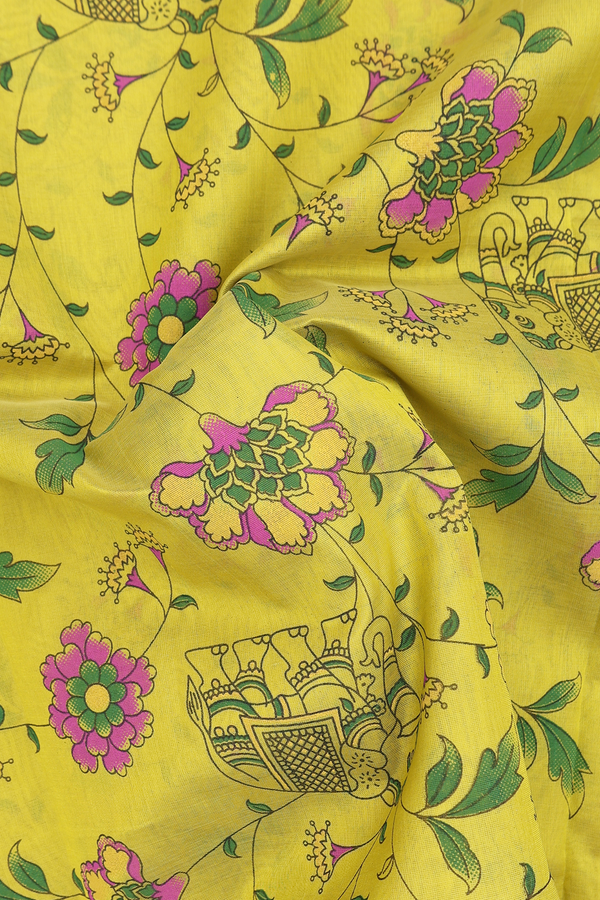 Silk Cotton Saree In Lemon Yellow With Floral Design