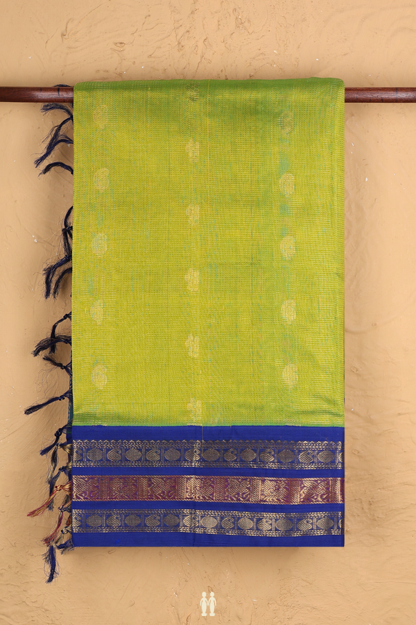 Silk Cotton Saree In Lime Green With Stripes Along Buttas