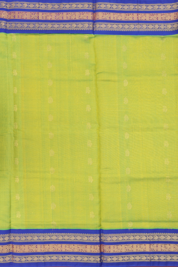 Silk Cotton Saree In Lime Green With Stripes Along Buttas