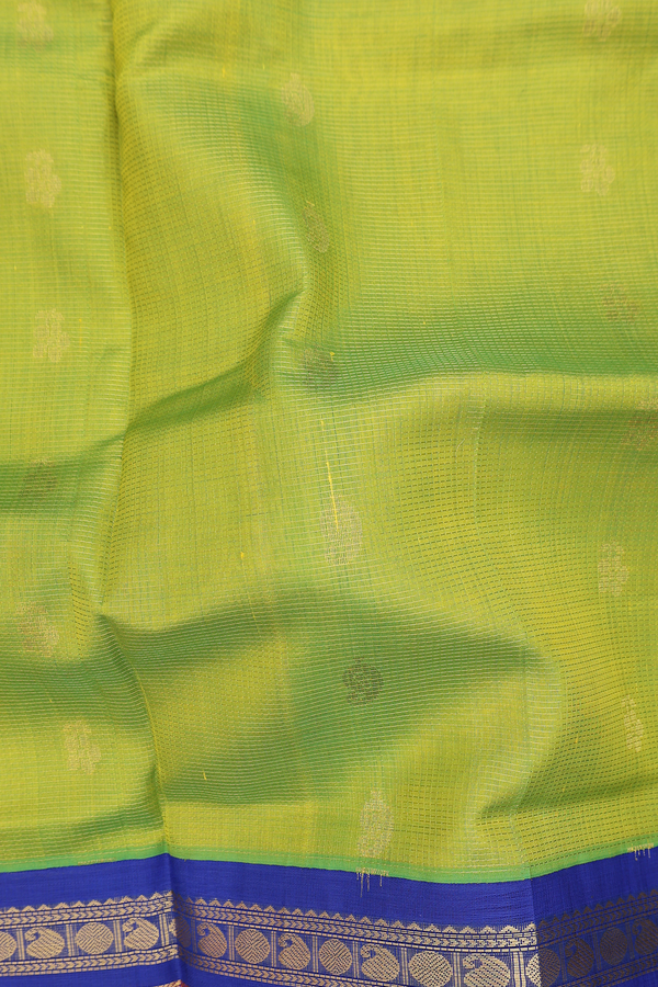 Silk Cotton Saree In Lime Green With Stripes Along Buttas