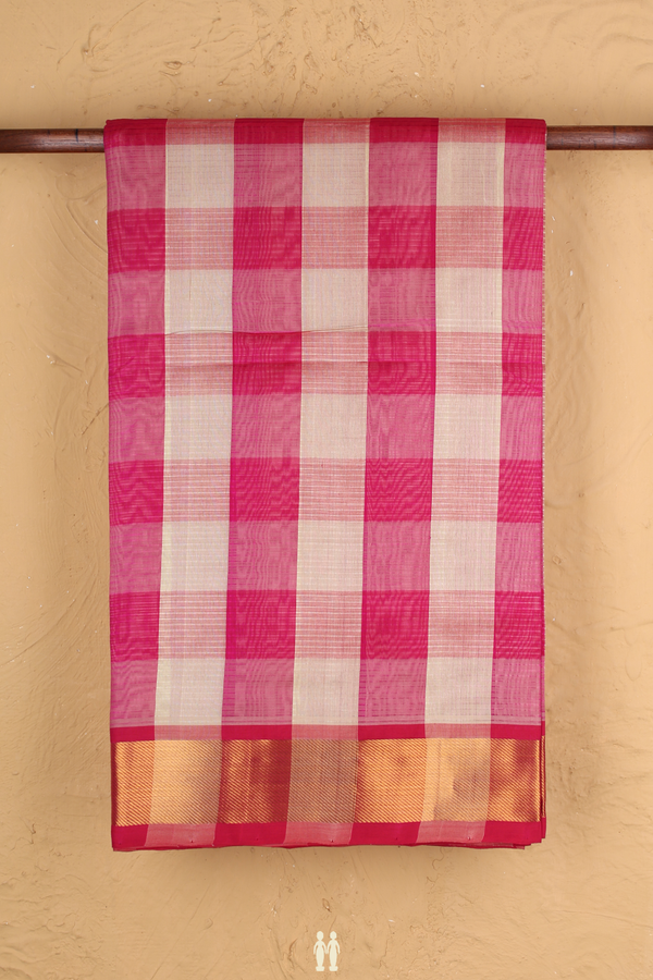 Silk Cotton Saree In Magenta And Beige With Checks Design