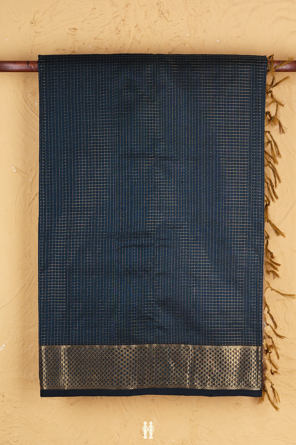 Silk Cotton Saree In Midnight Green With Checks Design