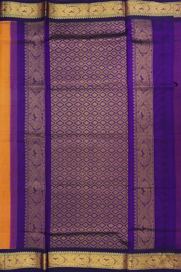 Silk Cotton Saree In Ochre Orange With Peacock Buttas
