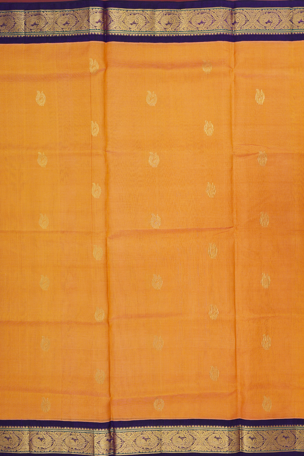 Silk Cotton Saree In Ochre Orange With Peacock Buttas