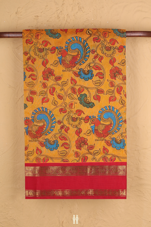 Silk Cotton Saree In Ochre Orange With Printed Design