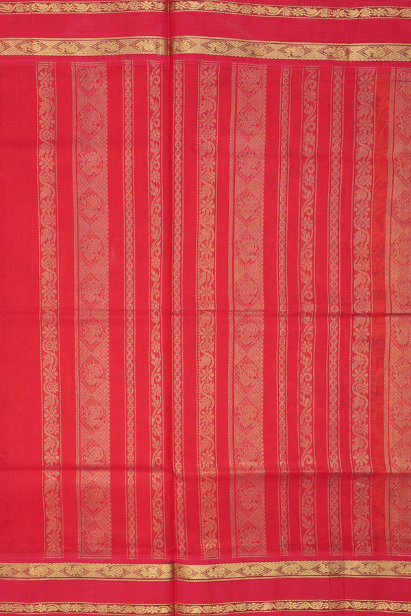 Silk Cotton Saree In Ochre Orange With Printed Design