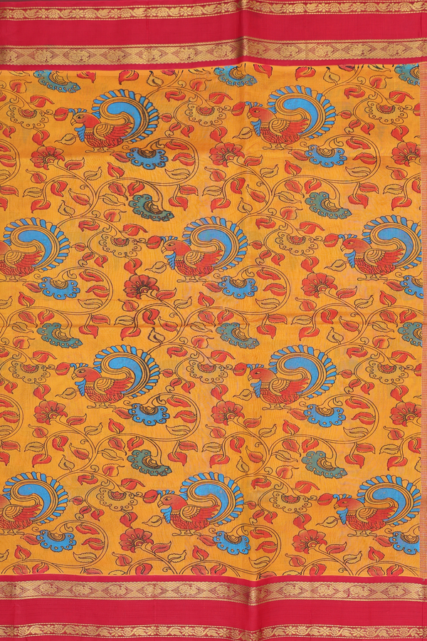 Silk Cotton Saree In Ochre Orange With Printed Design