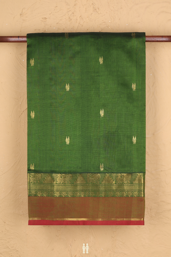 Silk Cotton Saree In Olive Green With Peacock Buttas