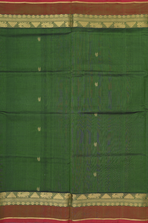 Silk Cotton Saree In Olive Green With Peacock Buttas