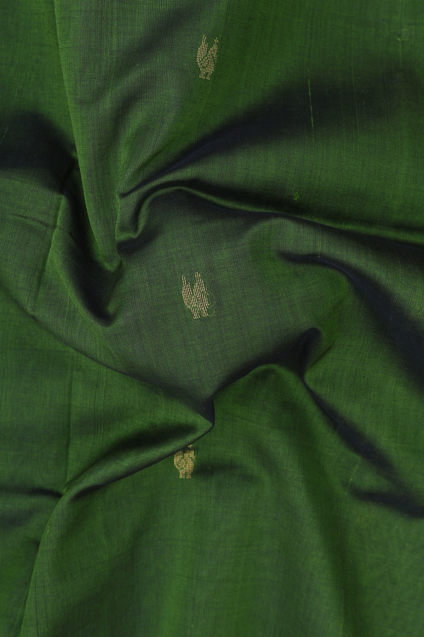 Silk Cotton Saree In Olive Green With Peacock Buttas