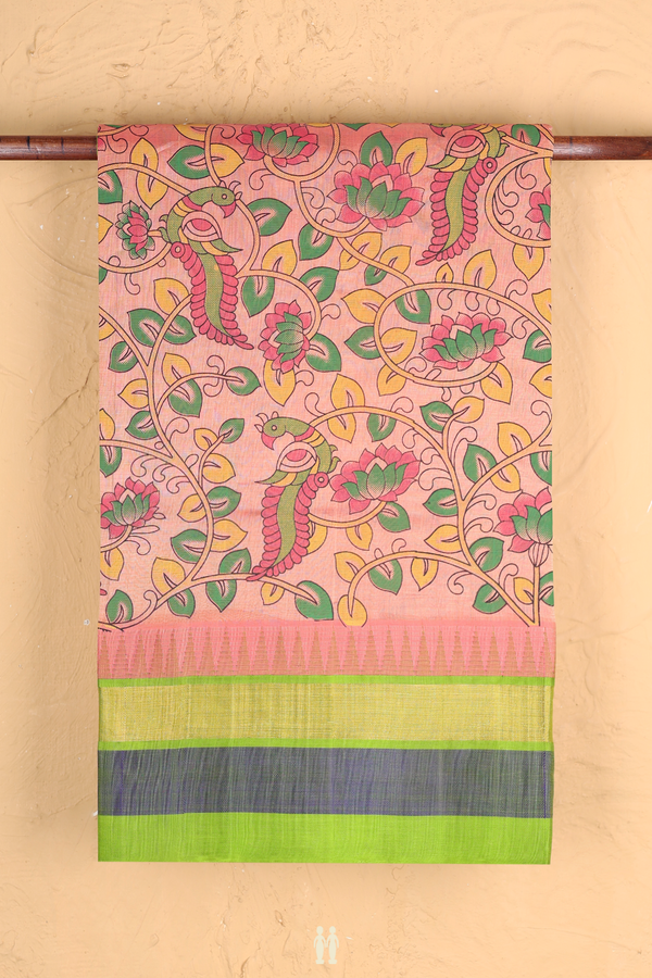 Silk Cotton Saree In Orange With Printed Design