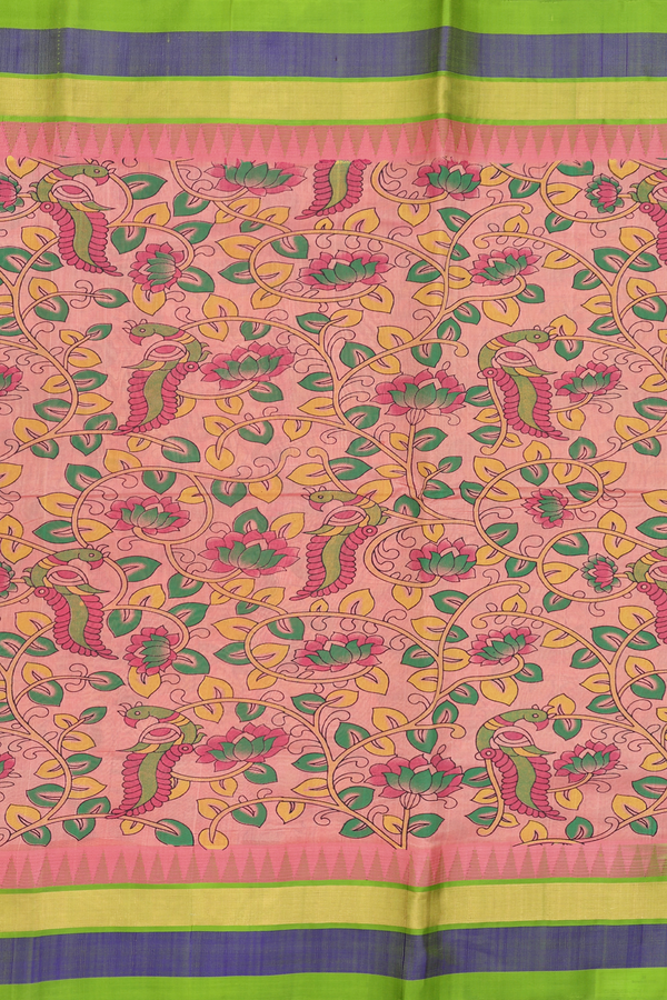 Silk Cotton Saree In Orange With Printed Design