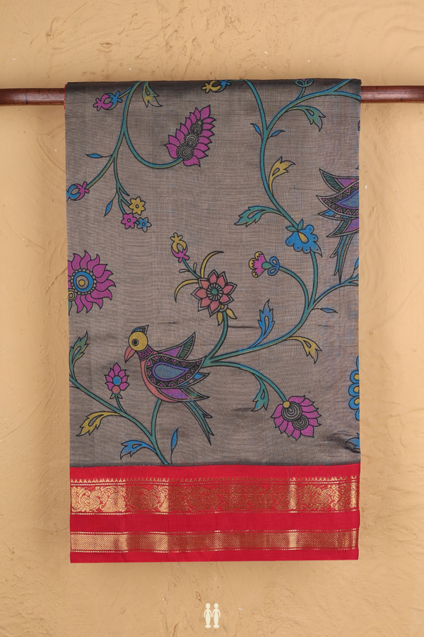 Silk Cotton Saree In Oxford Brown With Printed Design