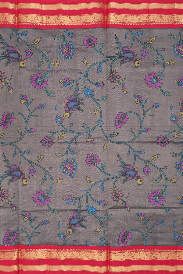 Silk Cotton Saree In Oxford Brown With Printed Design