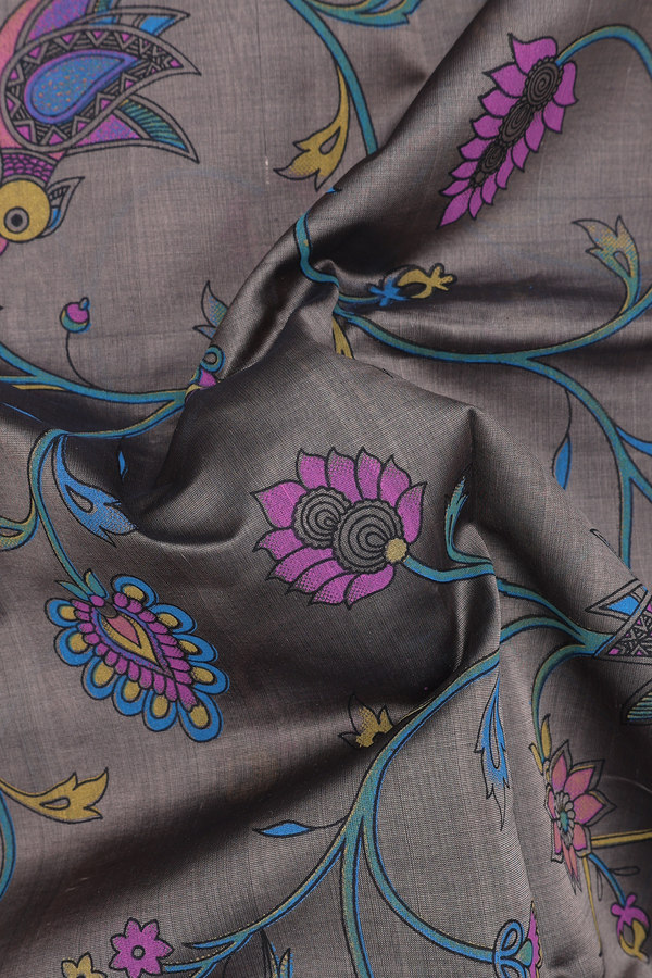 Silk Cotton Saree In Oxford Brown With Printed Design
