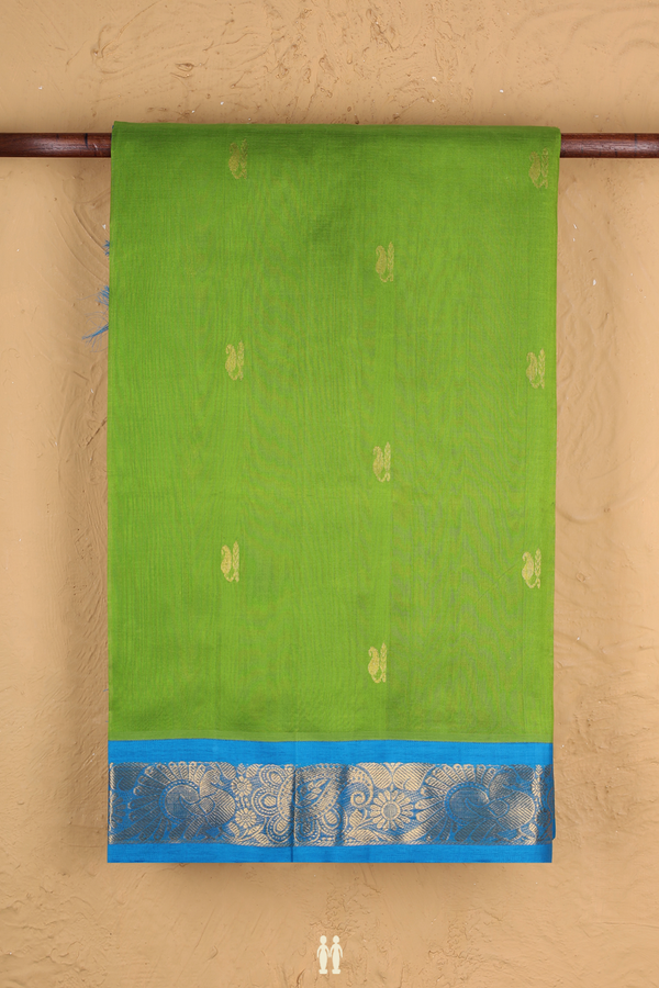 Silk Cotton Saree In Parrot Green With Paisley Buttas
